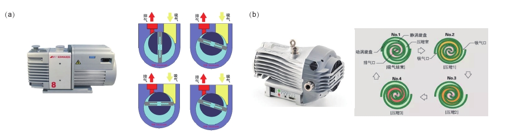 圖1真空泵及其工作原理簡介。(a)油泵實物圖及其油泵工作原理圖。(b)干泵實物圖及其工作原理圖。